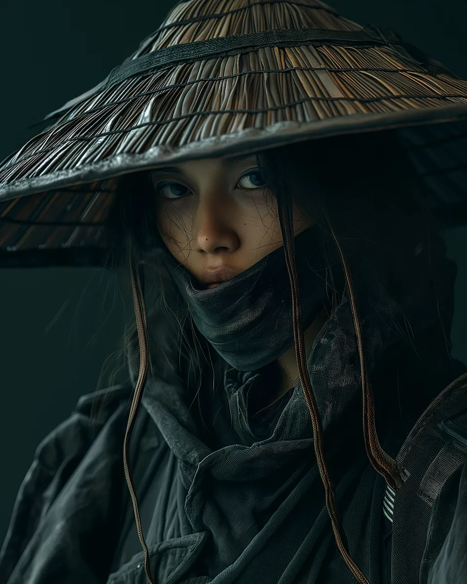 A model in Urban Samurai Fusion attire, where traditional samurai elegance meets modern urban style